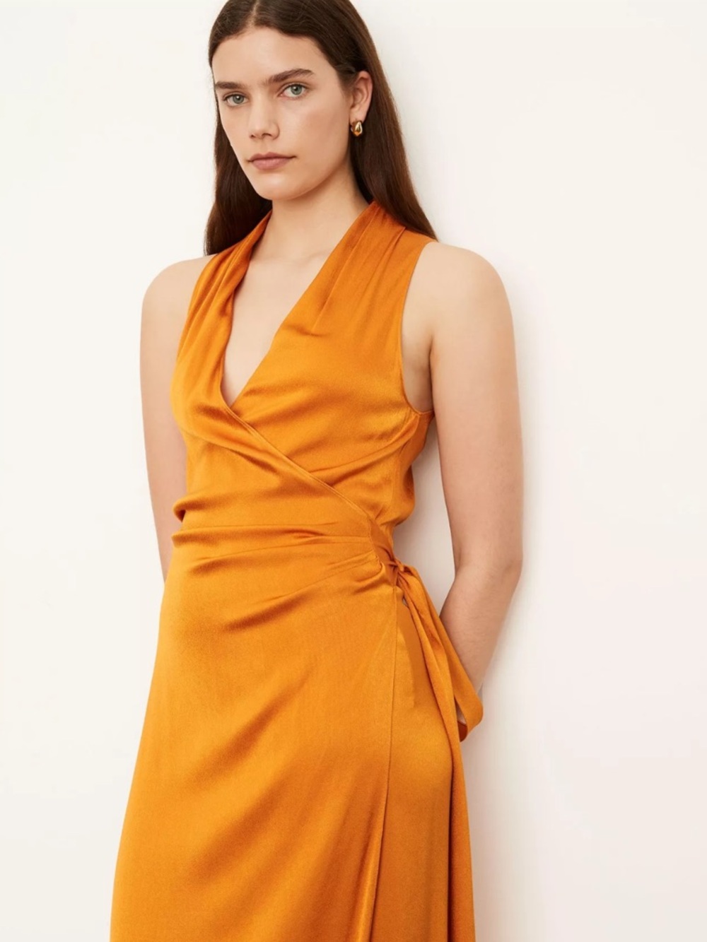 Vince Satin Wrap Midi Dress in Golden Orange size M - Picture 2 of 6